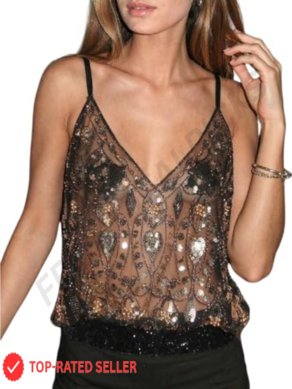Y2K Sequin Halter Crop Top Sheer Mesh Beaded Cami